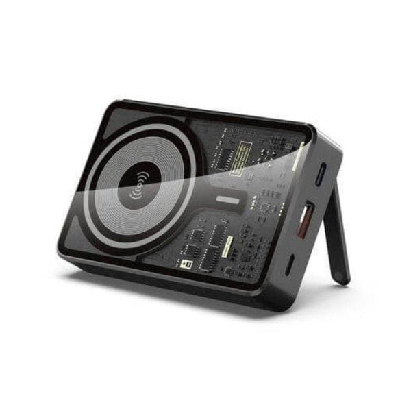 ALTA - 10000mAh Magnetic Wireless Power Bank in black with transparent casing showing internal components, 15W fast charging and kickstand feature.
