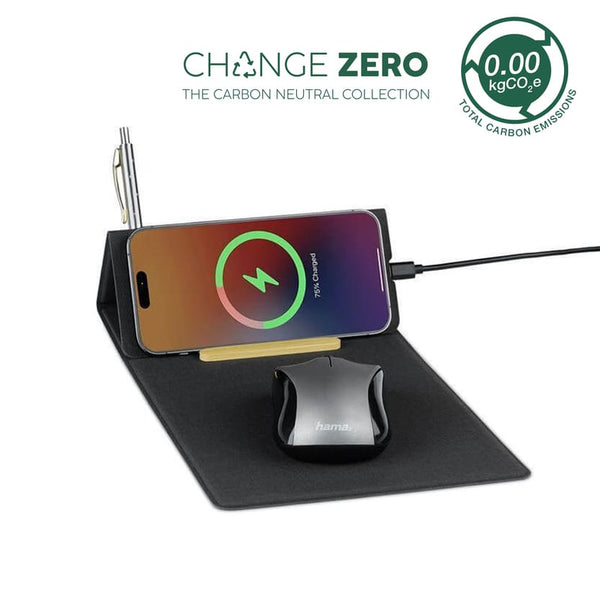 BLACE Wireless Mousepad - Recycled | 15W Charger, Organizer in black with phone charging, pen holder, and mouse on eco-friendly desk setup.
