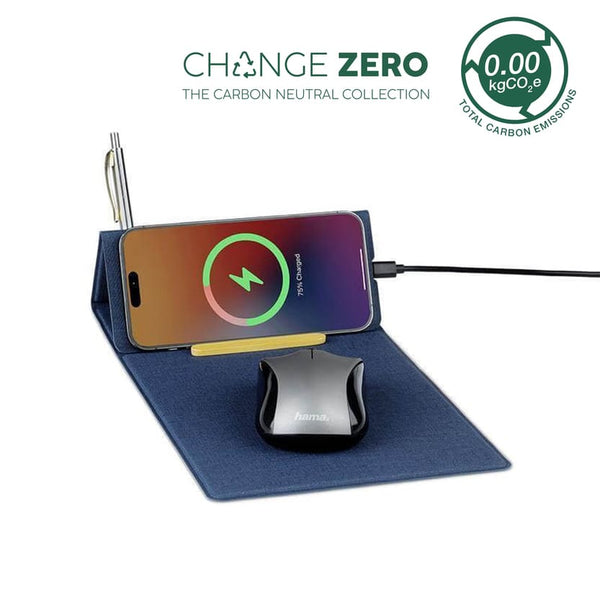 BLACE - Recycled PU Wireless Mousepad & Organizer in navy with 15W wireless charging, phone stand, and pen holder for eco-friendly desk setup.