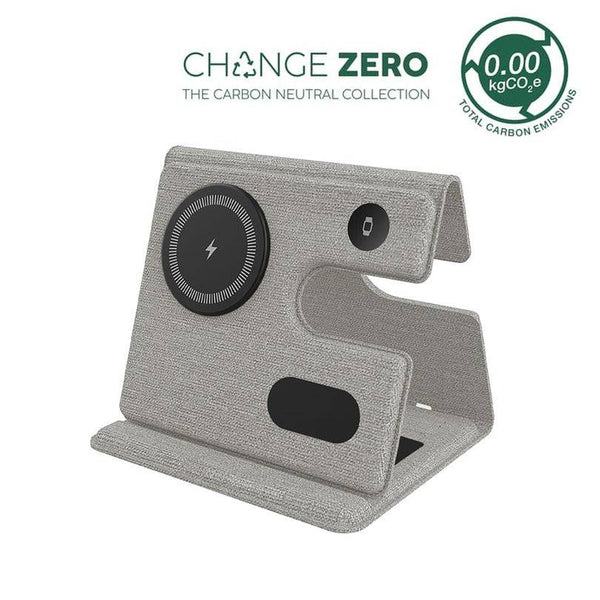 PLANA Wireless 3-in-1 Charger Station in grey with fabric finish, designed for efficient charging of phone, smartwatch, and earbuds. Eco-friendly with 0.00 kgCO2e emissions.