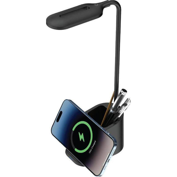 ALMERE Desk Lamp - 3-in-1 Wireless Charger with 15W fast charging, integrated pen holder, and sleek black LED design for modern home or office desks.
