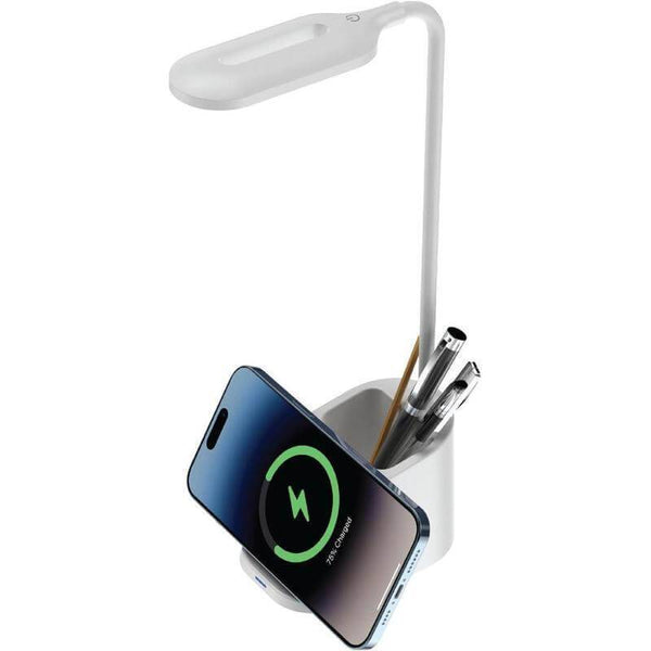 ALMERE Giftology 3-in-1 desk lamp in white with 15W wireless charger and built-in pen holder, ideal for modern office or home workspace.