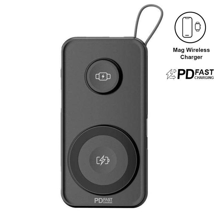 ROTTERDAM Wireless Powerbank - 10,000mAh in sleek black design with built-in cables and Mag wireless charging pad. Ideal tech gift for fast charging on the go.