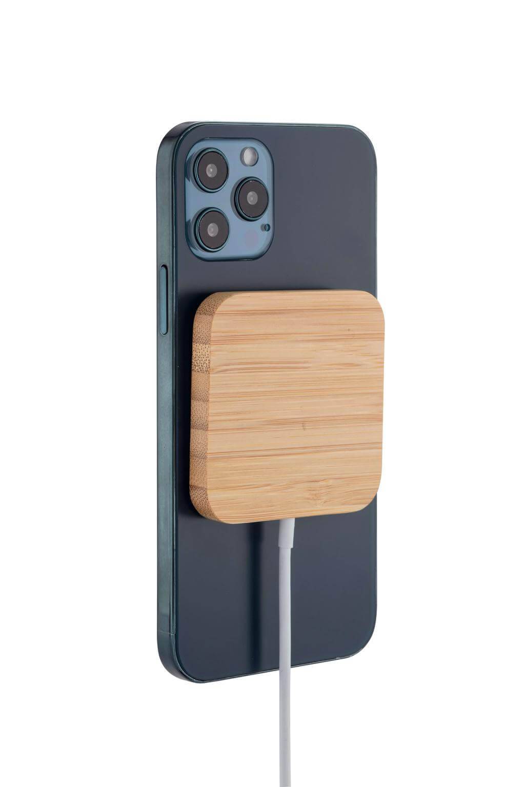 DOMITZ 15W Square Bamboo Magsafe Charger attached to a smartphone, showcasing eco-friendly fast charging technology gift for Apple devices.