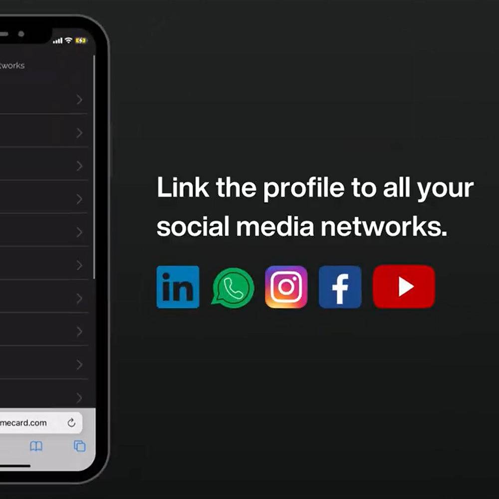 Social media linking feature of Digital Business NFC Card - Black. Connect LinkedIn, WhatsApp, Instagram, Facebook, and YouTube profiles.