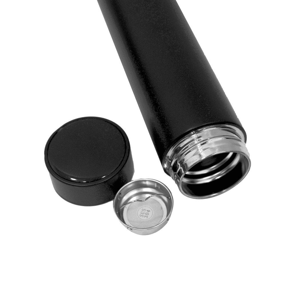 Open black thermal bottle with stainless steel interior and removable tea infuser, part of the corporate gift set for professionals.