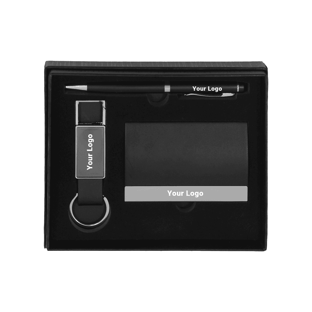 Corporate Gift Set featuring customizable pen, card holder, and keychain with 'Your Logo' branding. Perfect for professional giveaways and promotions.