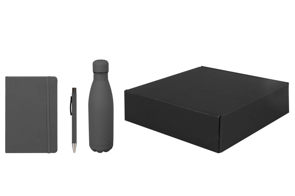 Gray soft touch Corporate Gift Set featuring a bottle, notebook, and pen, designed for stylish office desk organization and gifting.