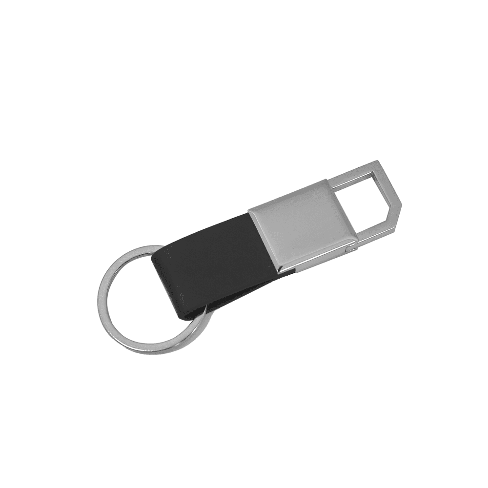 Stylish black and silver keychain with metal ring, included in the corporate gift set for everyday use and brand visibility.