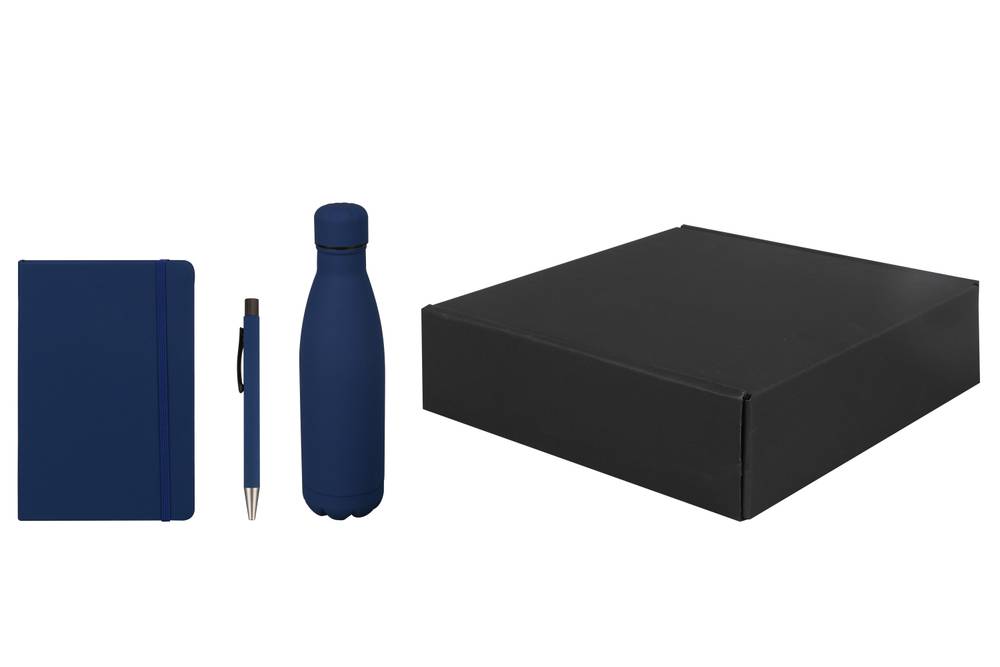 Blue soft touch Corporate Gift Set with stainless bottle, notebook, and pen, perfect for professional desk organization and gifting.