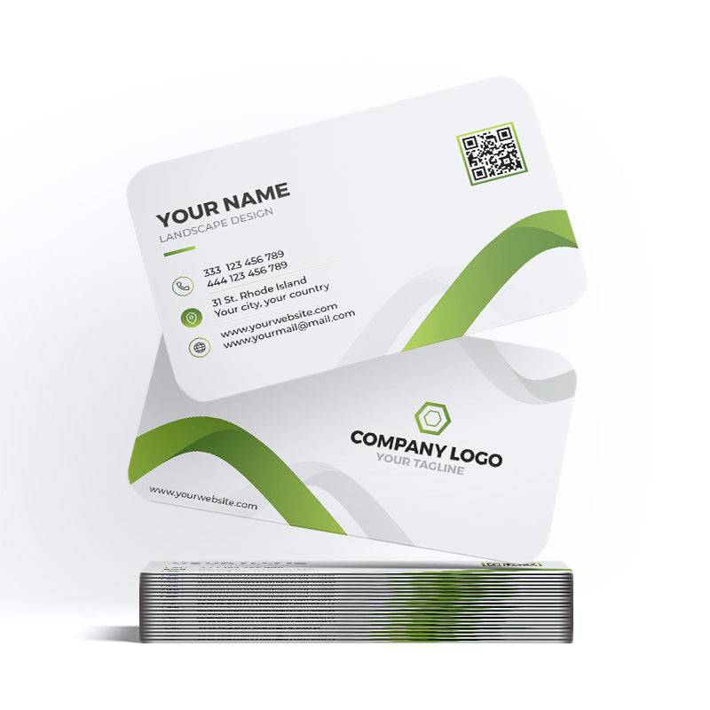 Printava | Premium Matt Laminated Rounded Corners Business Card with green wave design, QR code, and contact details, perfect for corporate branding.