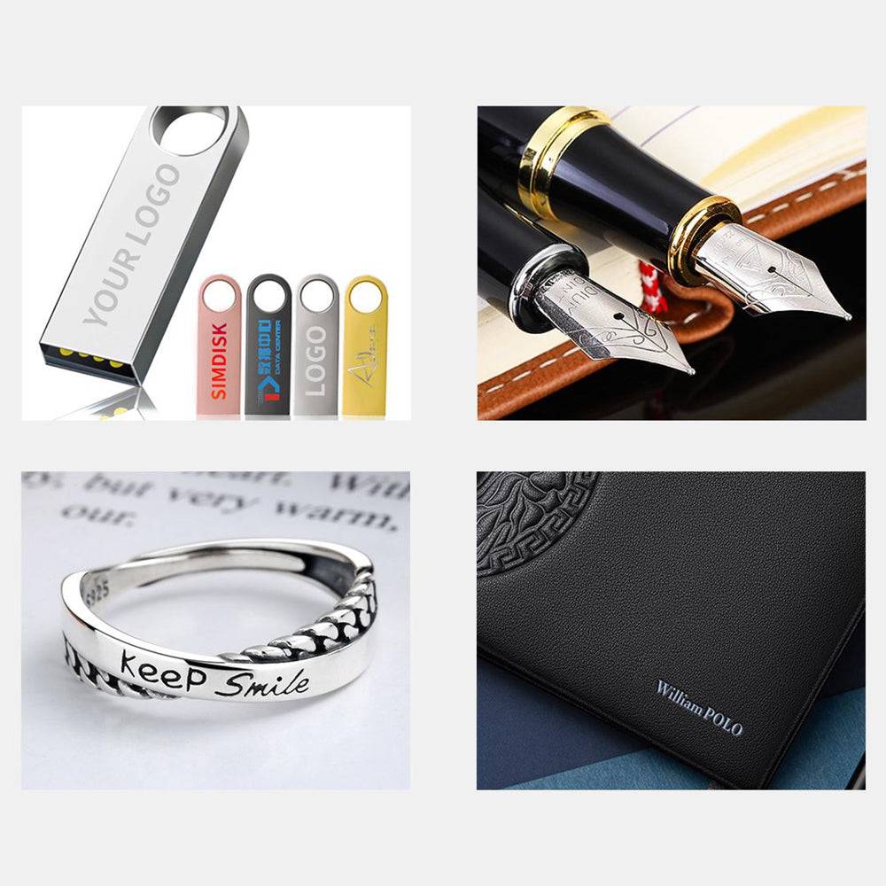 Engraved USBs, pens, rings, and wallets showcasing the precision of the Mini Fiber Laser Marking Machine - Portable and Efficient.