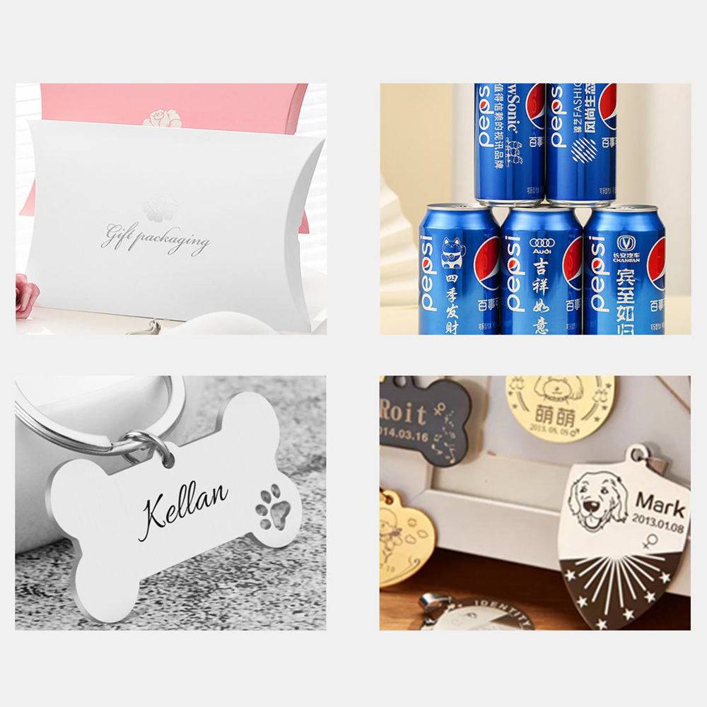 Examples of packaging and metal tags engraved using the Mini Fiber Laser Marking Machine - Portable and Efficient for industrial use.