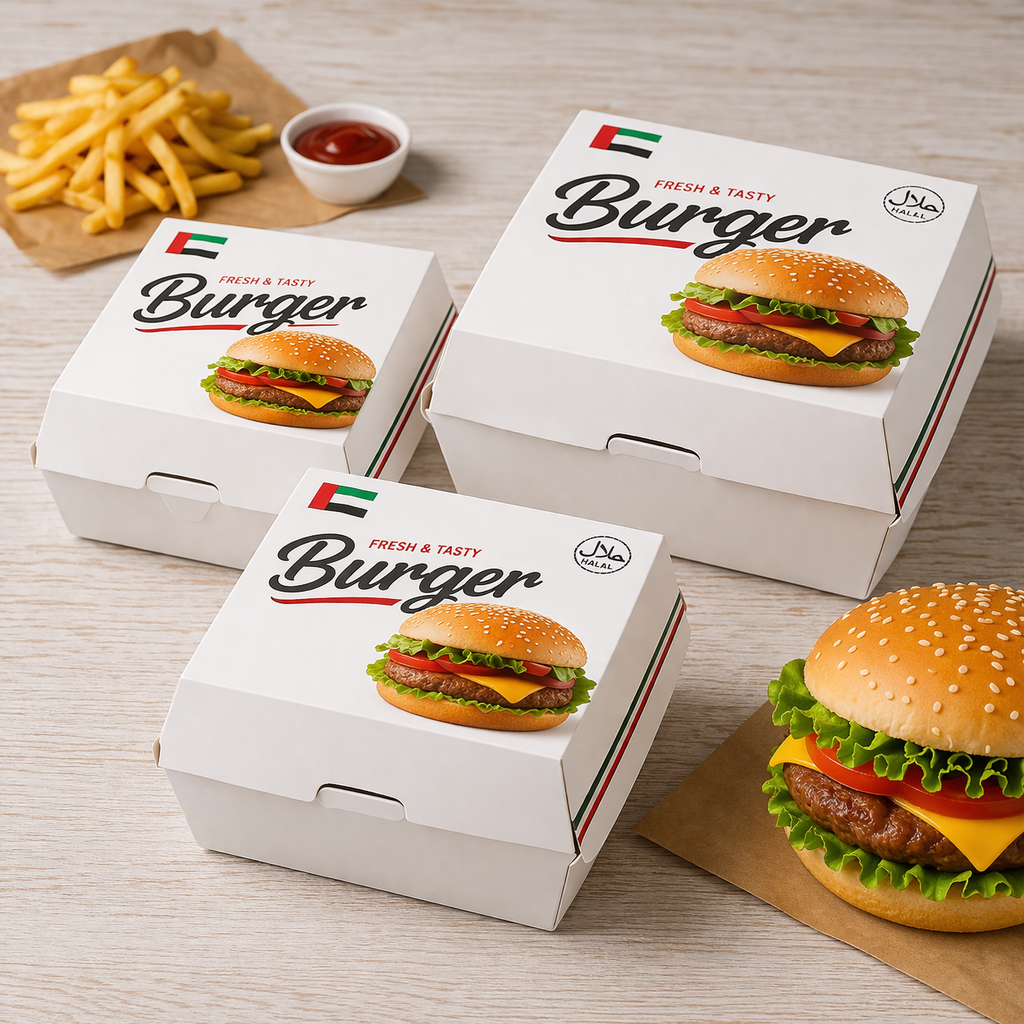 Custom burger box packaging UAE with halal icon and UAE flag for food delivery and takeaway