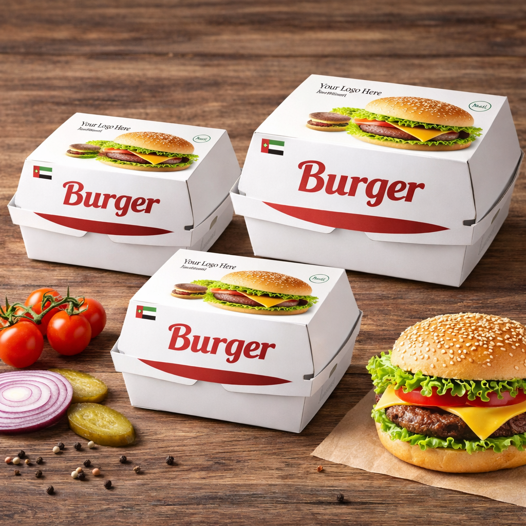 Food packaging burger boxes Dubai white design with halal symbol and UAE branding