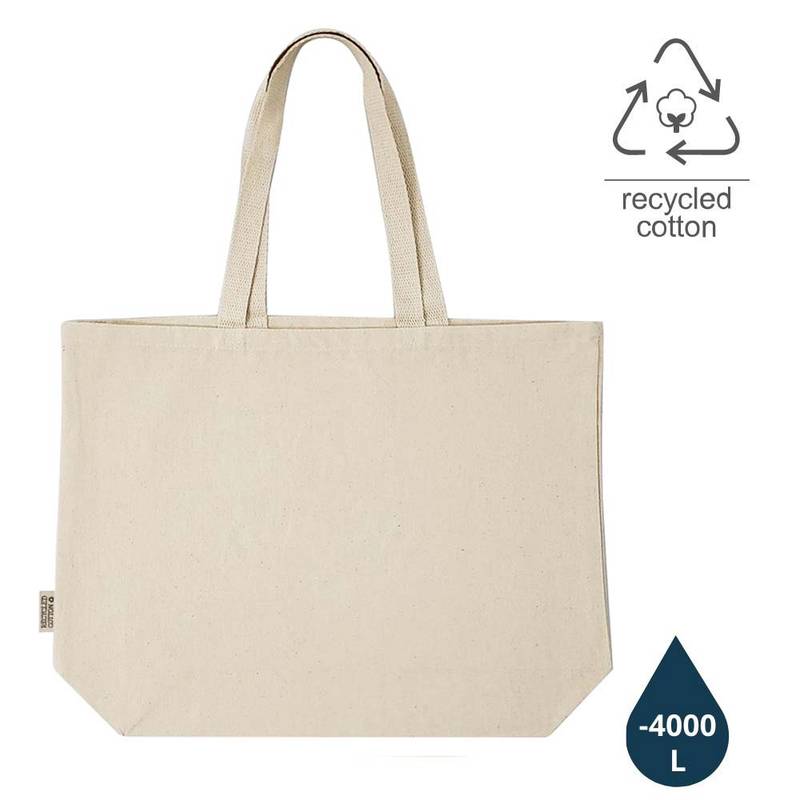 Recycled Cotton Beach Bag - Eco-Friendly Shopping Tote in natural color with sturdy handles, ideal for groceries or beach essentials. GRS-certified fabric bag saves over 4000L of water.