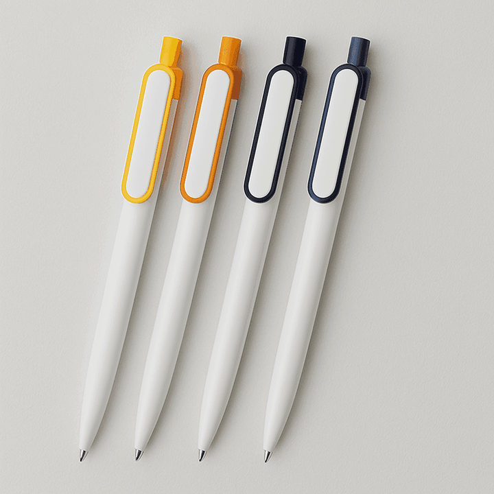 Assorted customizable plastic pens with colored clips in orange, yellow, black, and blue, designed for promotional branding and office use.
