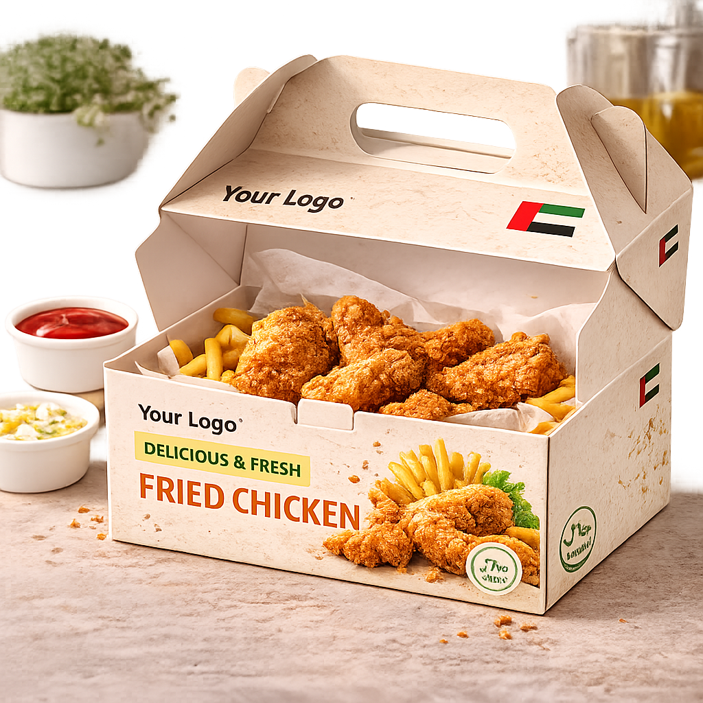 Open custom gable food box with fried chicken and fries, halal packaging with UAE flag for takeaway in Dubai