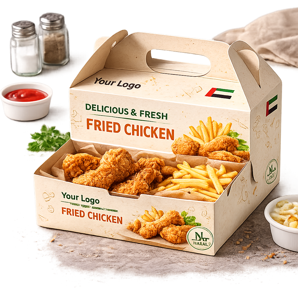 Open chicken takeaway box with handle, custom food packaging UAE with halal logo and UAE branding