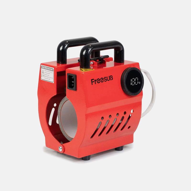 Mug Heat Press Machine - Perfect for Custom Mug Printing, compact red Freesub 11oz model with digital temperature display and sturdy handle.