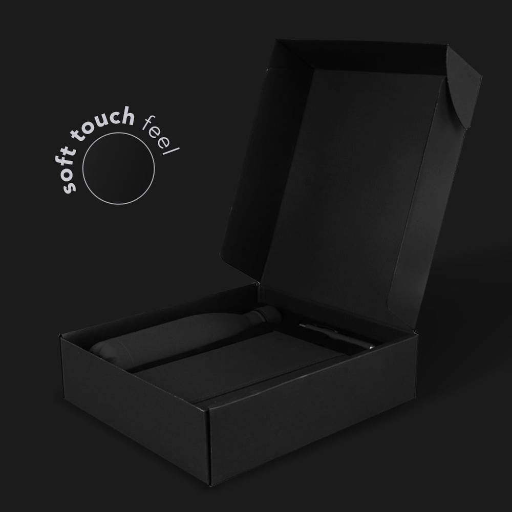 Black Corporate Gift Set - Stylish Bottle, Notebook, and Pen with soft touch finish, ideal for executive and client appreciation gifts.