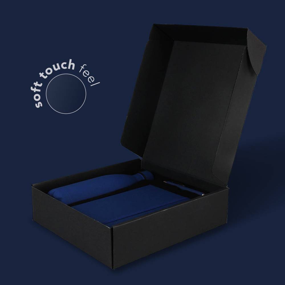Blue Corporate Gift Set - Stylish Bottle, Notebook, and Pen with soft touch texture, perfect for premium office gifting solutions.