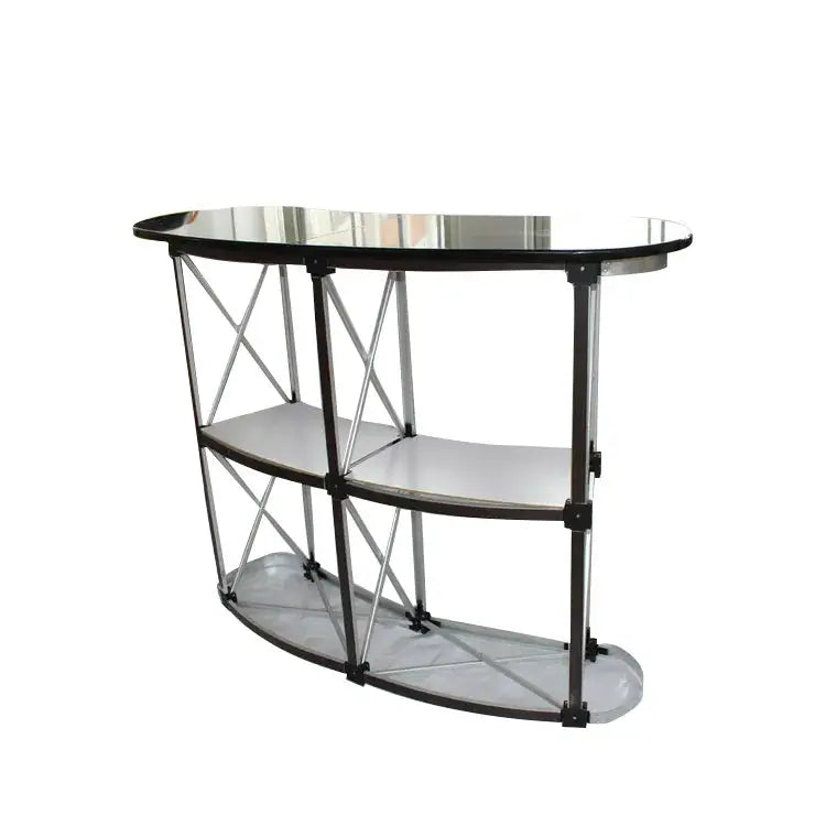 Back view of Pop Up Foldable Counter showing metal frame and two internal shelves. Designed for portability and quick assembly.