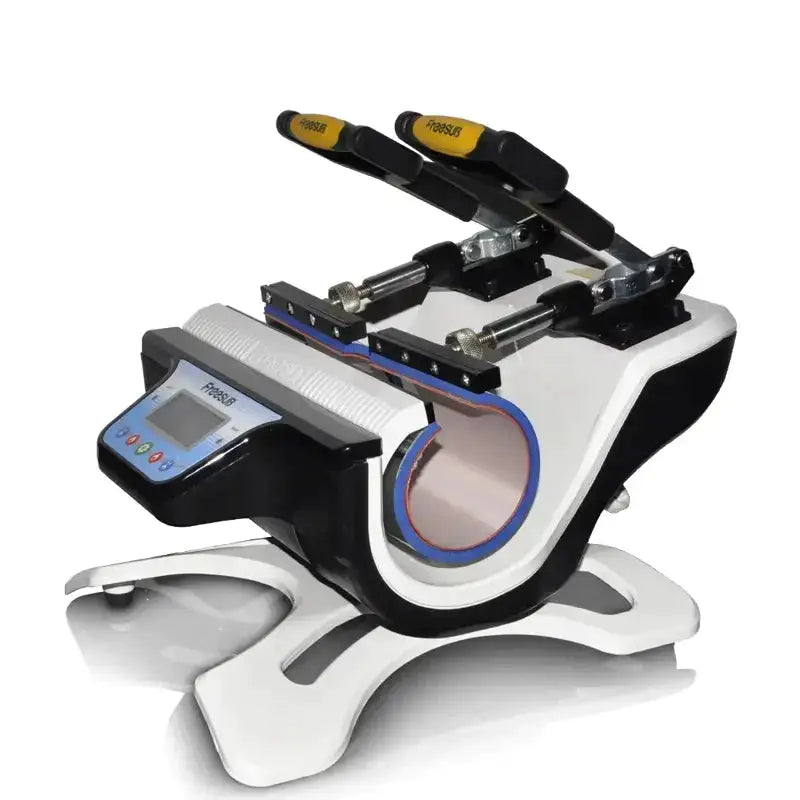 Angled rear view of Double Station Heat Press Sublimation Machine ST-210 showing clamp mechanism and ergonomic structure.