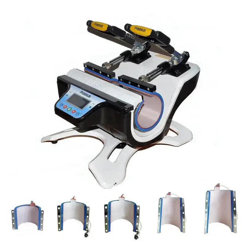 Double Station Heat Press Sublimation Machine ST-210 with interchangeable mug heating pads displayed for versatile printing needs.
