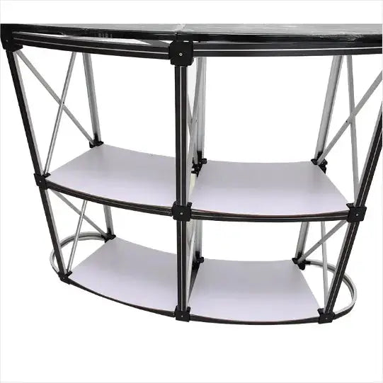 Close-up of Pop Up Foldable Counter's internal shelving and support frame. Great for organizing materials at events or exhibitions.