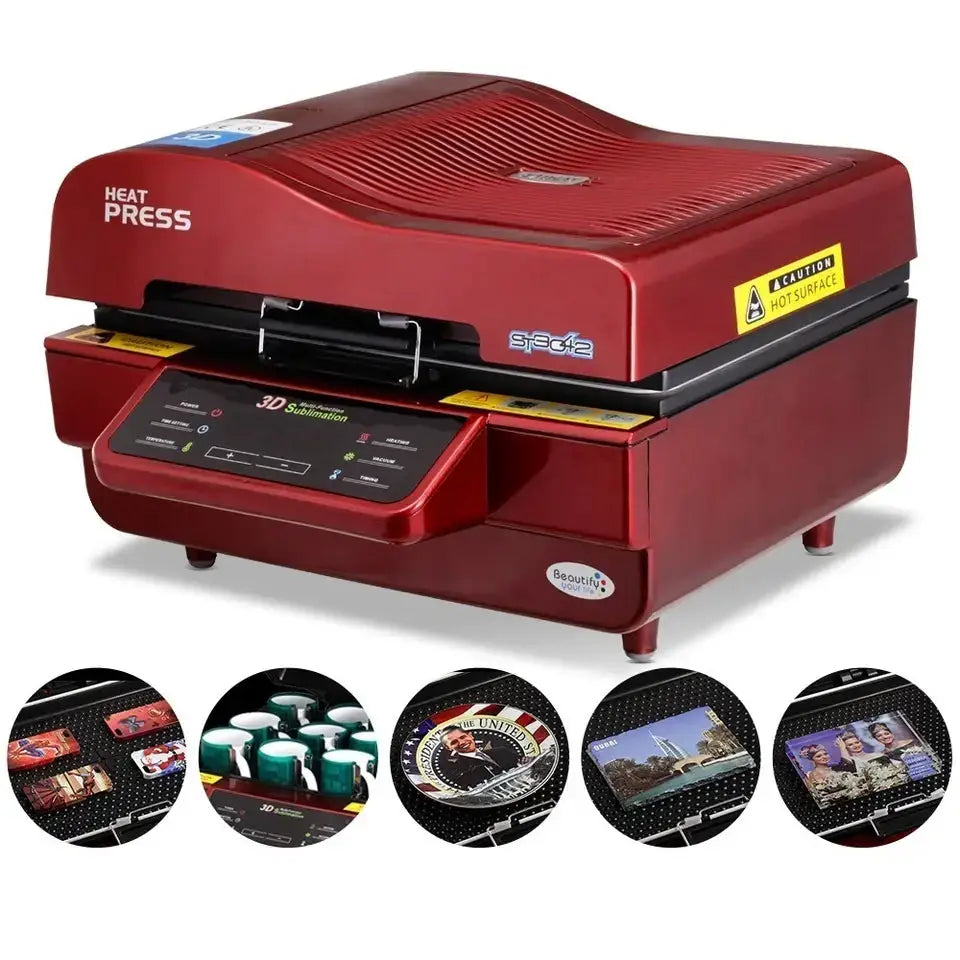 3D Sublimation Vacuum Heat Press Machine ST-3042 with circular insets showing various printed items like mugs and phone cases.