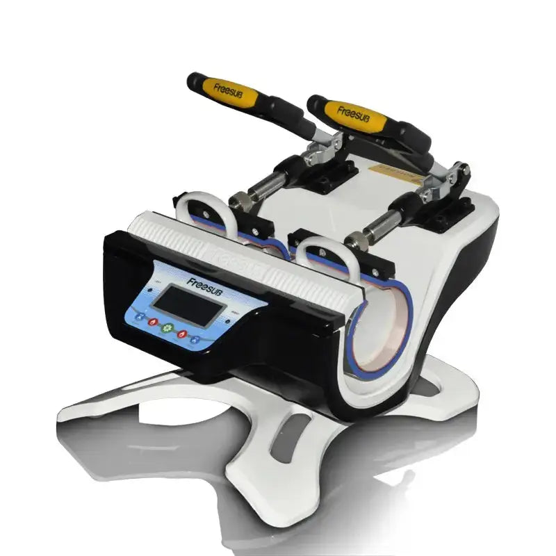 Side view of Double Station Heat Press Sublimation Machine ST-210 in white and black design with dual mug clamps and digital interface.