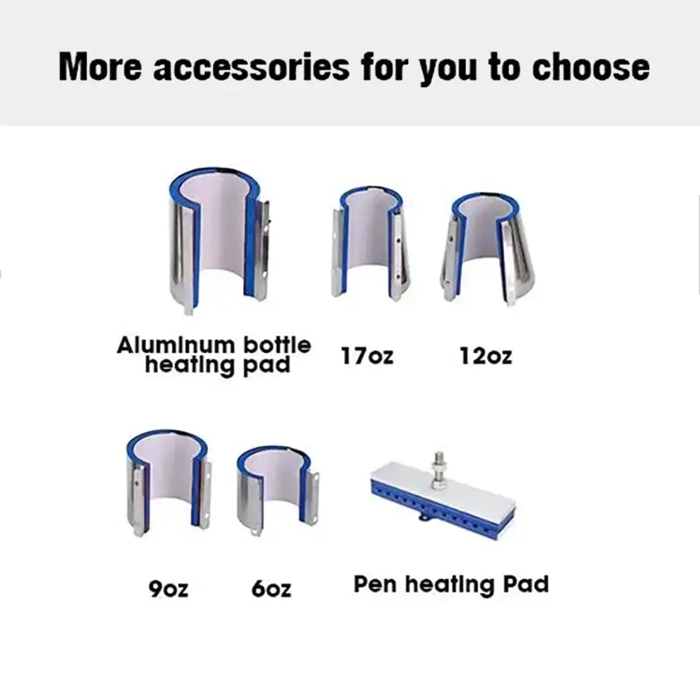 Additional heating pad accessories for the 5-in-1 sublimation heat press machine including aluminum bottle and pen heating pads.