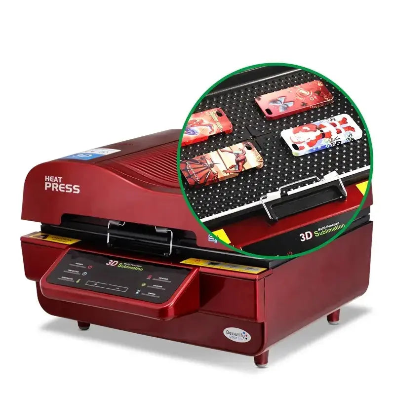3D Sublimation Vacuum Heat Press Machine ST-3042 with zoomed-in view of printed phone cases inside the heating chamber.