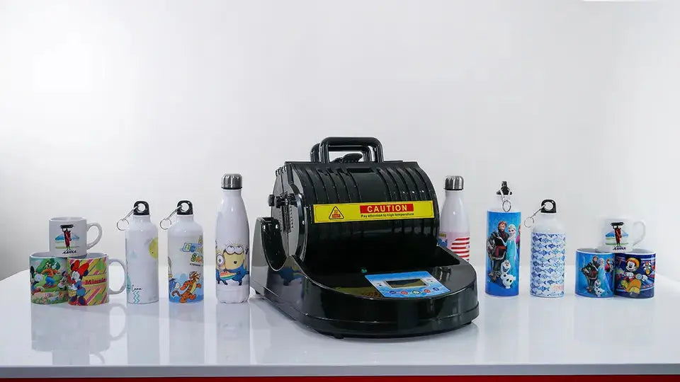 Heat Press Sublimation Machine for Cups and Bottles surrounded by custom-printed mugs and bottles, showcasing its printing versatility.