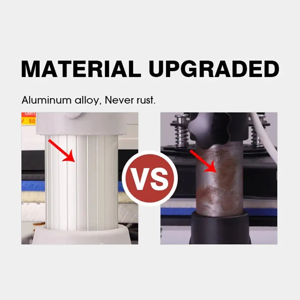Material upgrade comparison for the 5-in-1 sublimation heat press machine, featuring rust-resistant aluminum alloy construction.