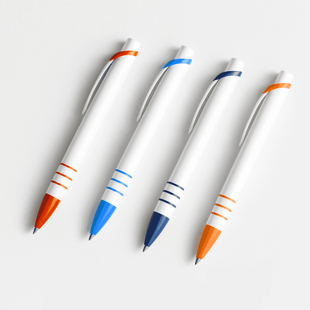 Set of four ergonomic promotional pens in assorted colors including dark blue, perfect for giveaways, expos, and branded office supplies.