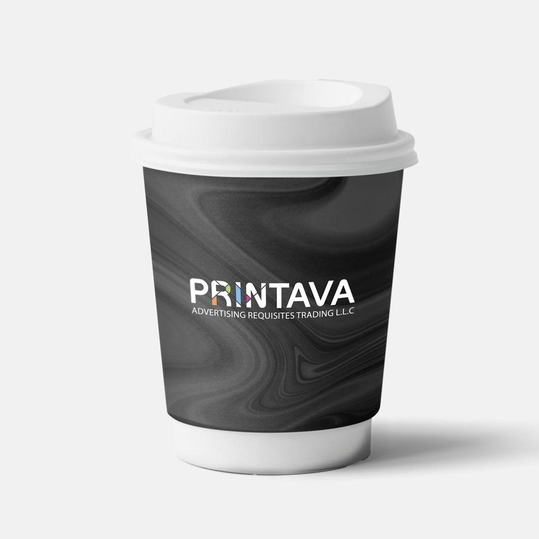 Customizable paper cup with black marbled design and Printava logo, ideal for eco-friendly food packaging in business and industrial use.