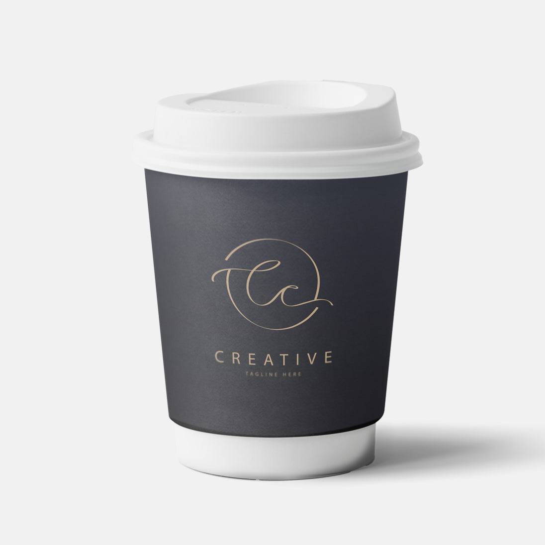 Stylish dark-themed customizable paper cup featuring minimalist Creative logo, suited for sustainable food packaging in commercial settings.