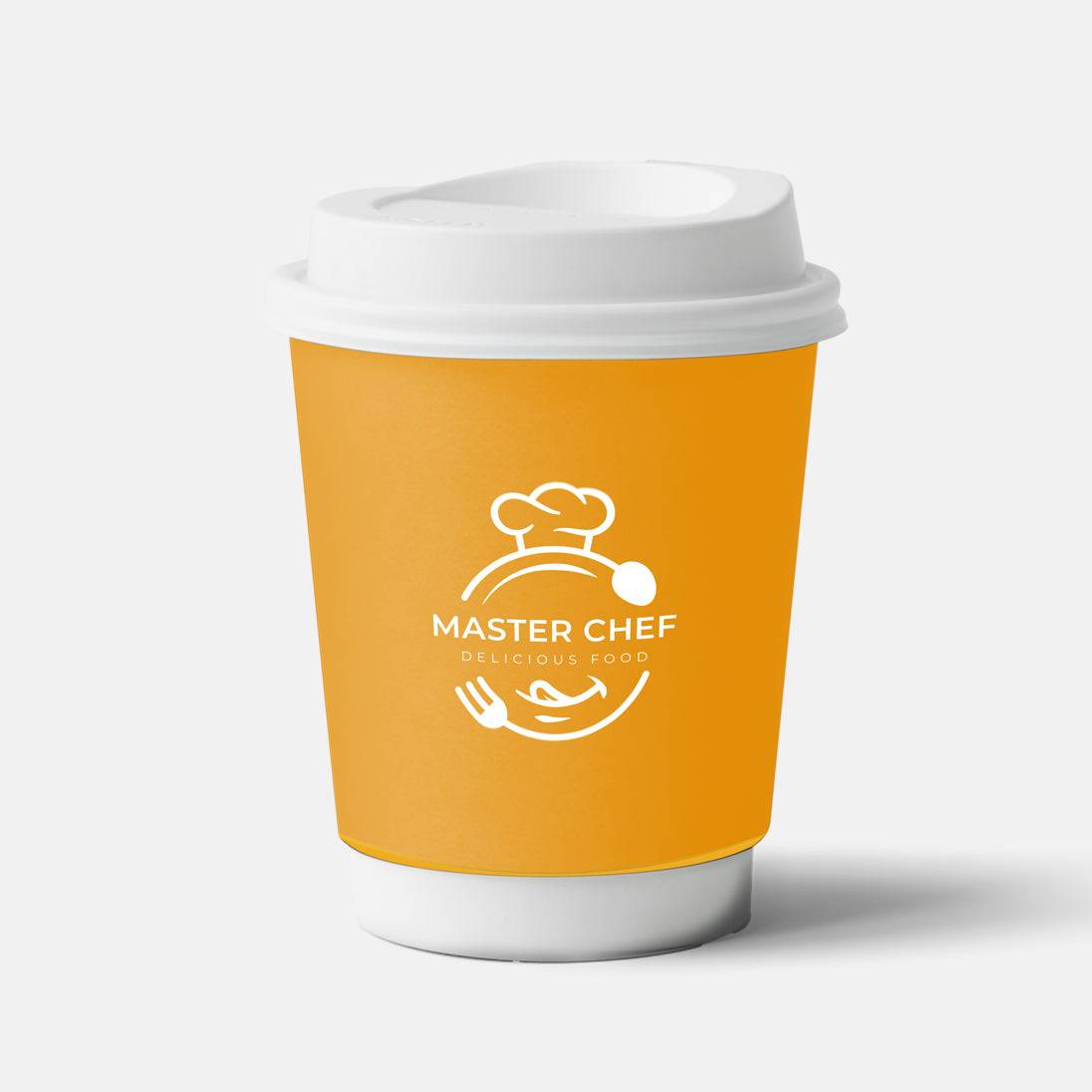 Eco-friendly customizable paper cup in vibrant yellow with Master Chef logo, perfect for food service and disposable tableware needs.