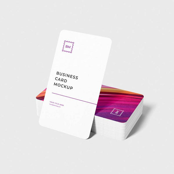 Printava | Premium Matt Laminated Rounded Corners Business Card in vertical layout with 400 GSM thickness, featuring a clean white front and vibrant back design.