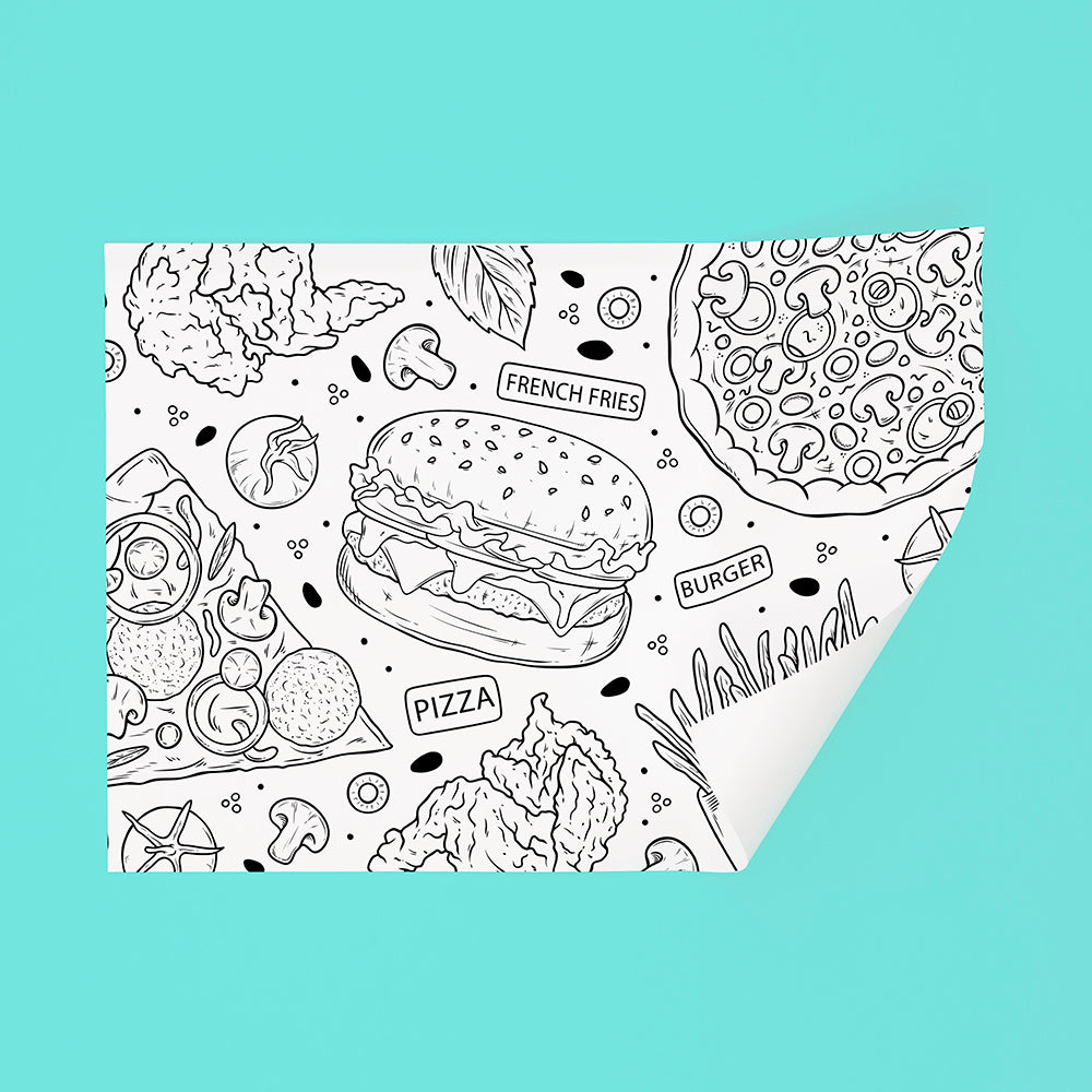 Illustrated sandwich paper with burger and pizza design