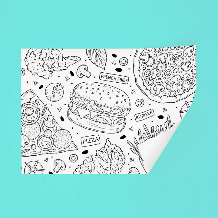 High-quality sandwich paper with black food illustrations including burgers, pizza, and fries, ideal for food packaging in take-out services.