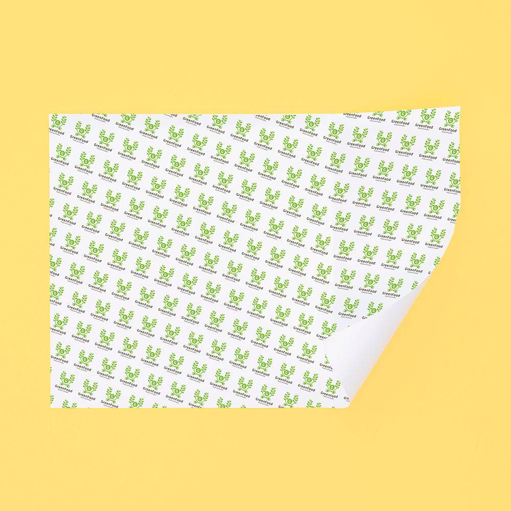 Eco-friendly sandwich paper with green food-themed icons, designed for safe and sustainable food packaging in the take-out industry.