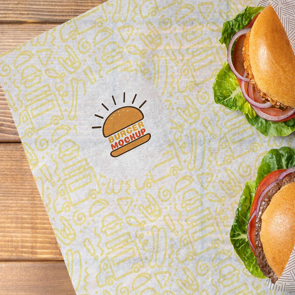 Grease-resistant sandwich paper with yellow abstract food icons and burger logo, used for wrapping burgers in food service packaging.