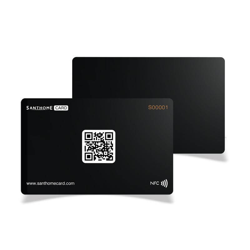Front and back view of Digital Business NFC Card - Black with QR code and NFC chip. Ideal for fast, eco-friendly digital contact sharing.