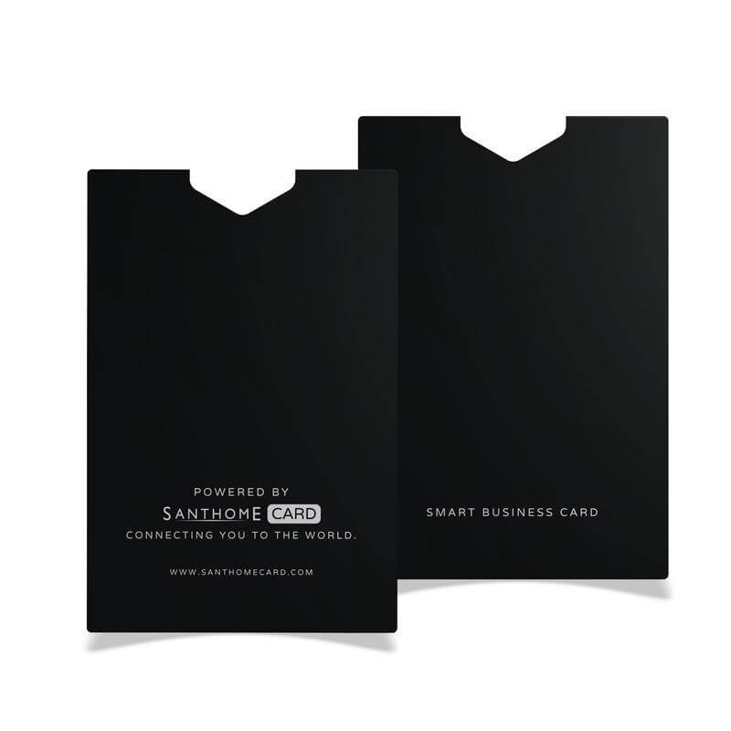 Elegant black sleeve for Digital Business NFC Card. Labeled 'Smart Business Card' for secure and stylish professional networking.