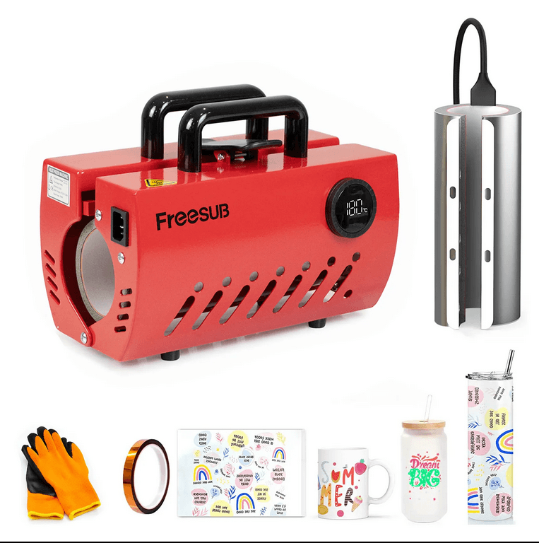 Complete Tumbler Heat Press Machine F320 kit with gloves, tape, and sample mugs, perfect for custom tumbler printing projects.