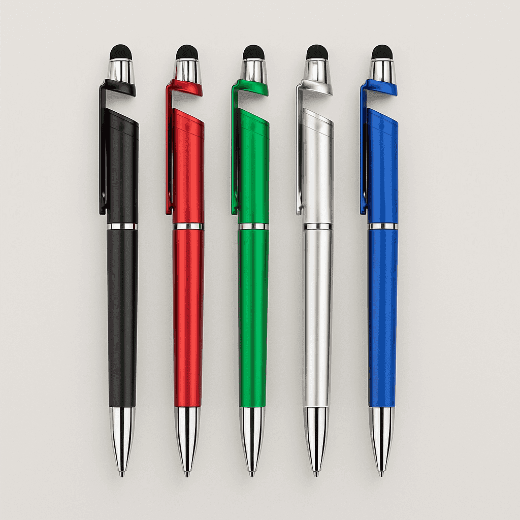 Set of five Stylus Pens With Touch Tip Silver - Multifunctional Writing Tools in black, red, green, silver, and blue, ideal for office and tech use.