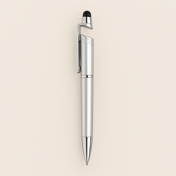 Stylus Pen With Touch Tip Silver - Multifunctional Writing Tool featuring a sleek silver body, chrome accents, and a black stylus tip for touchscreen use.